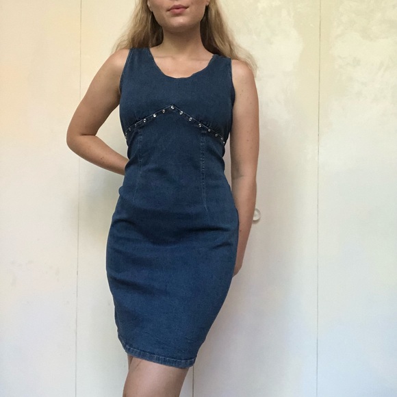 Vintage Dresses Classic Vintage Jean Dress With Rhinestone Rivets